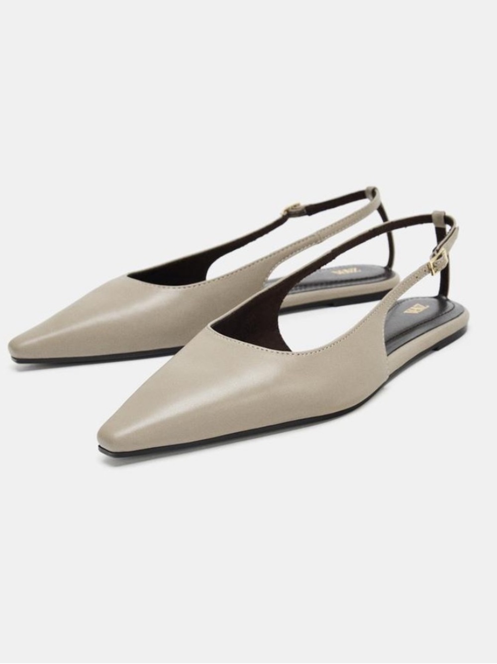 Zara Beige Pointed Slingback Flats with Gold Buckle